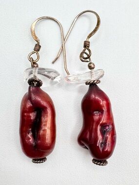 Red Baroque Pearl Dangle Earrings Silver Ear Wires Unique Exotic Beach Vacation